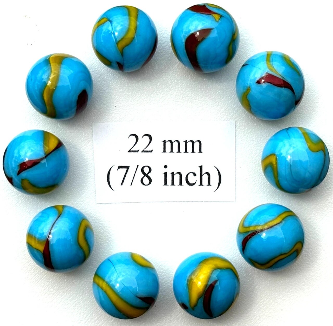 SERPENT Blue/Yellow/Red Swirl Glass Marbles 22mm (7/8 inch) SHOOTER Taw (Lot of 10)